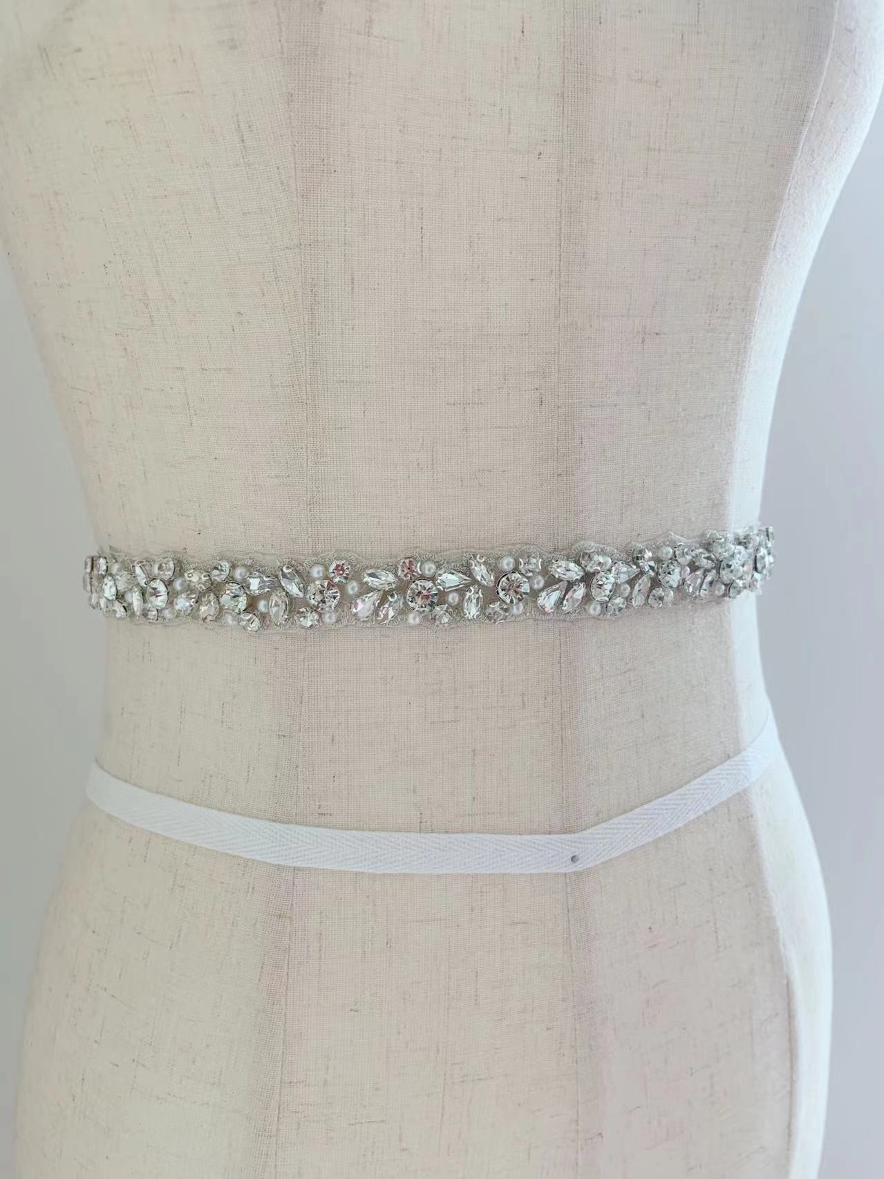 Bridal Sash Ribbon - 1 ياردة/5 ياردة الفضة كريستال اللؤلؤ
