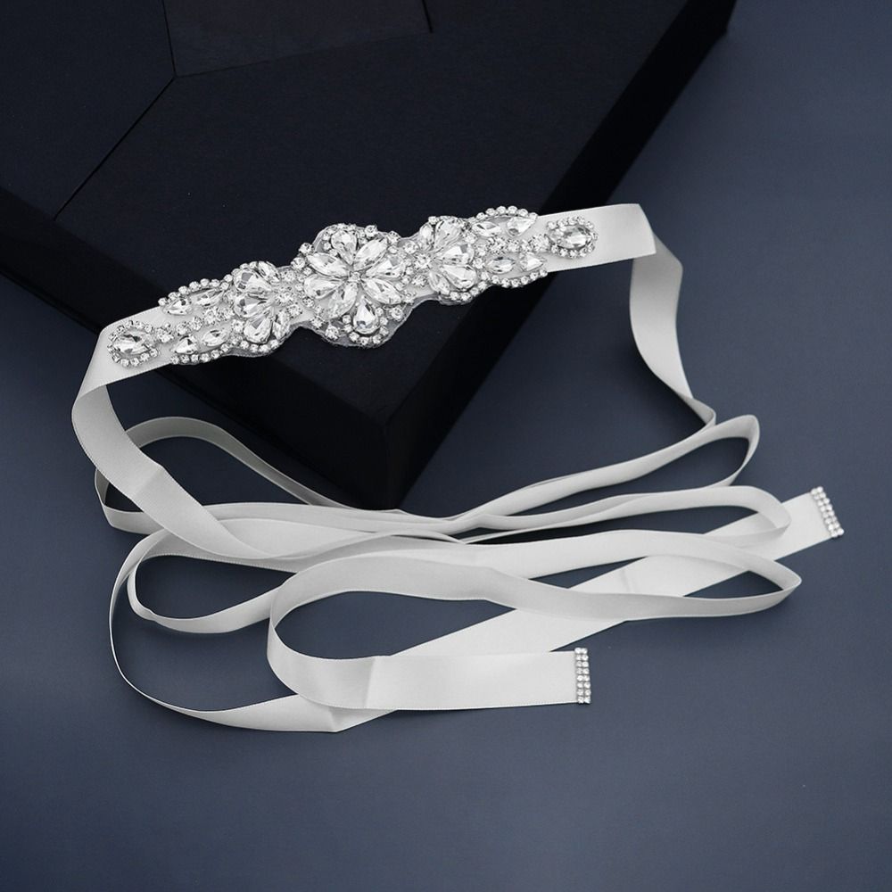 Bridal Sash Ribbon - حزام زفاف فضي أنيق مرصع بالكريستال،