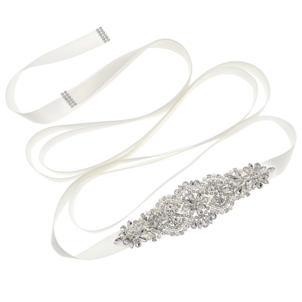 Bridal Sash Ribbon - حزام زفاف فضي طويل مزين بالشريط