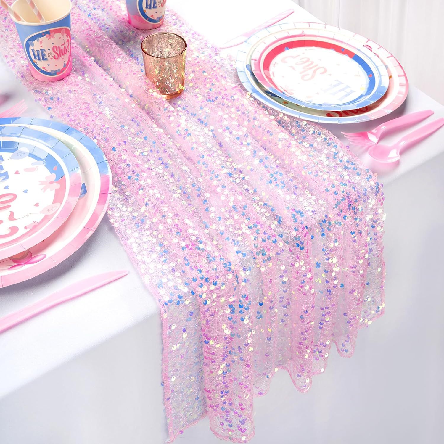 Table Runner Sequin - مفرش طاولة بترتر قزحي الألوان اللامع،